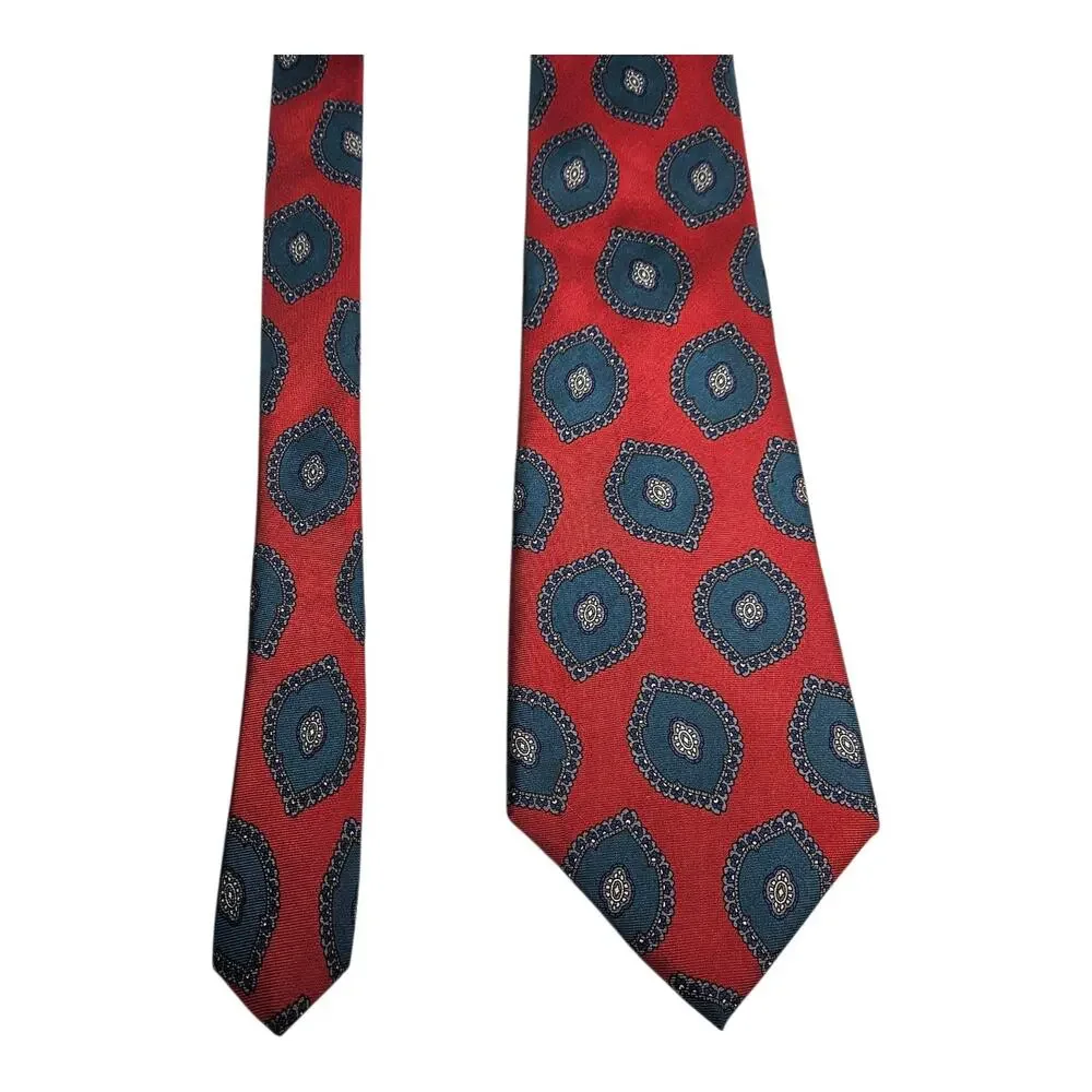 CHRISTIAN DIOR Monsieur Neck Tie Muted Red Blue Medallion Print Italian Silk